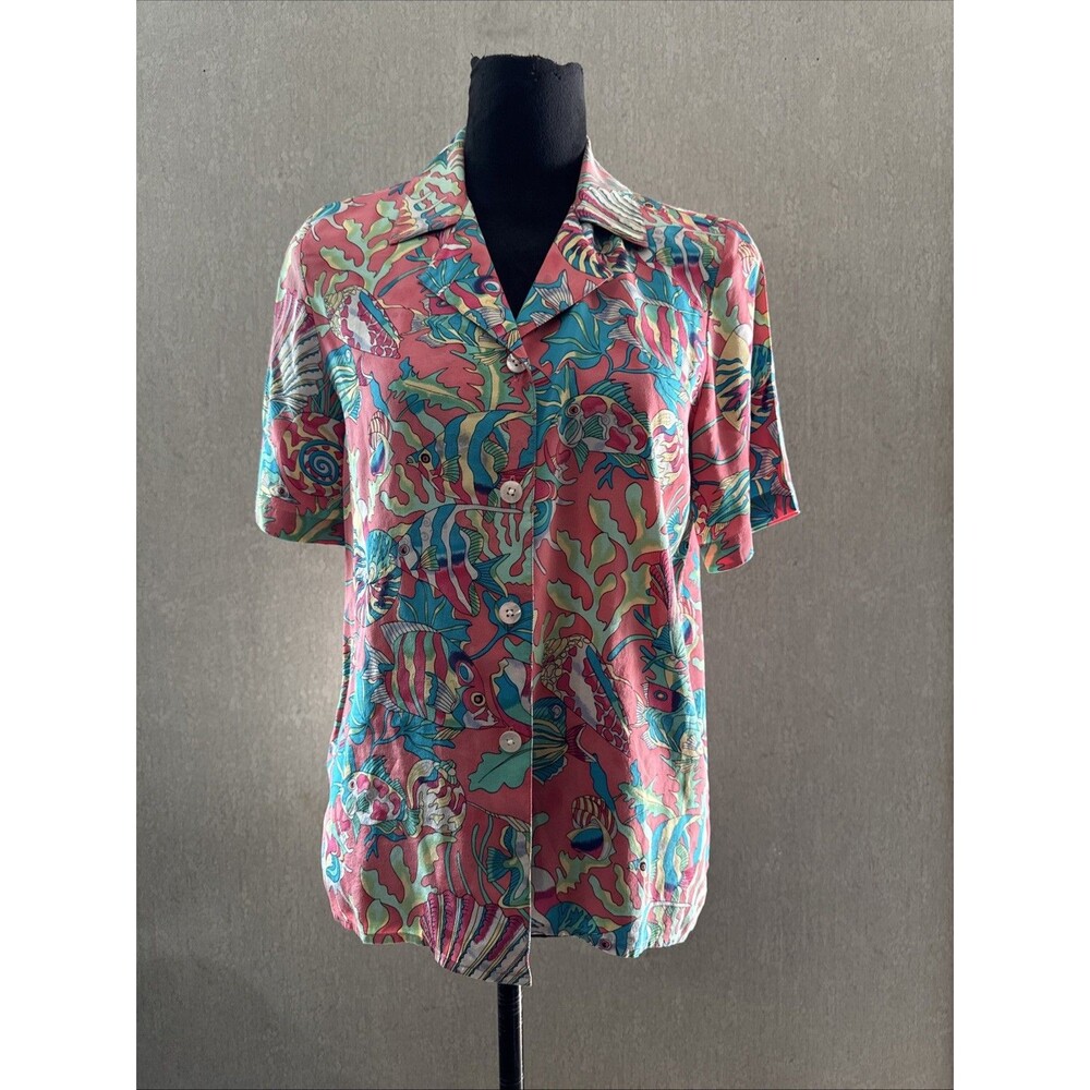 Vintage Ann May 100% Silk Shirt S Tropical Fish Coral Reef Novelty Print